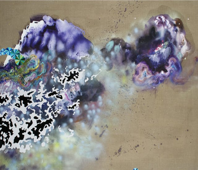 Jackie Tileston,"Field Guide to Elsewhere" (2014), 60 x 72 inches, oil, oil enamel, collage, spray paint, on linen