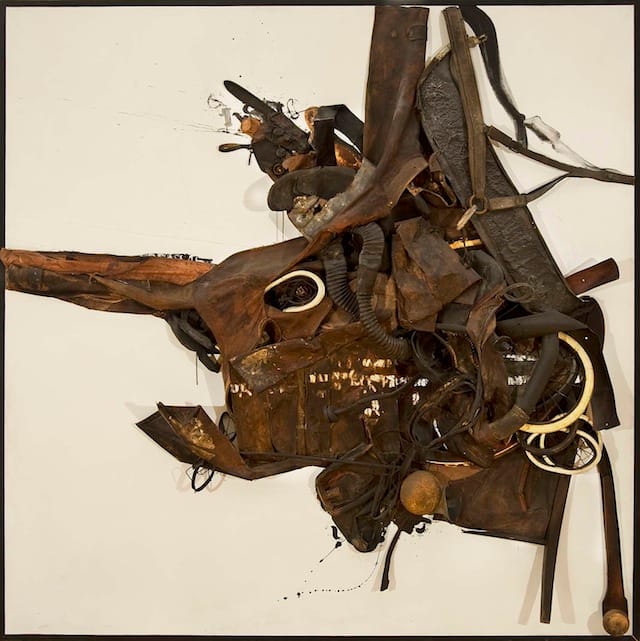 Nancy Grossman (b.1940) Hitchcock, 1965 mixed media assemblage on canvas mounted on plywood 73 5/8 x 73 5/8 x 7 inches, with artist’s frame signed and dated Credit Line:  Courtesy of Michael Rosenfeld Gallery LLC, New York, NY 