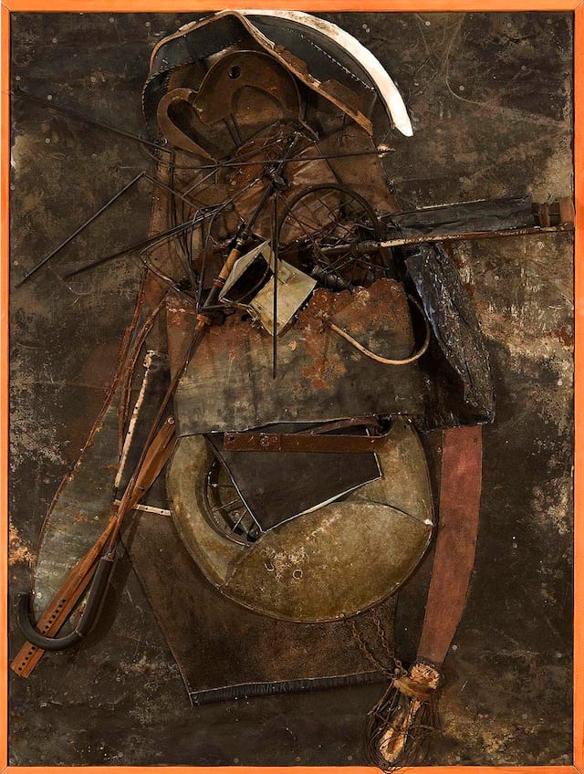 Nancy Grossman (b.1940) Scarab, 1964 mixed media assemblage mounted on wood 49 5/8 x 37 5/8 x 11 inches, with artist’s frame signed and dated Credit Line:  Courtesy of Michael Rosenfeld Gallery LLC, New York, NY