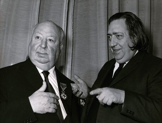 Unknown Photographer, “Henri Langlois (right) giving the Légion d’honneur to Alfred Hitchcock, January 14th” (1971) © SIPA.