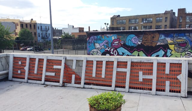 Skewville's Bushwick sign on a rooftop on Flushing Avenue. (all photos by the author for Hyperallergic)