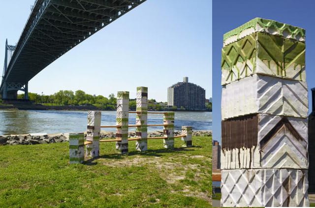 Left, "Untitled Folly" (2014) on Randall's Island shortly after it was installed last month; and, right, a detail of the sculpture after it was unveiled on May 18.