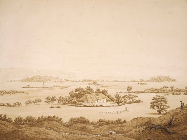 Caspar David Friedrich (German, 1774–1840) Landscape on Rügen with Shepherds and Flocks, 1809/1810 Pen and black ink, brown wash, graphite, and opaque white watercolor The Morgan Library & Museum, Thaw Collection