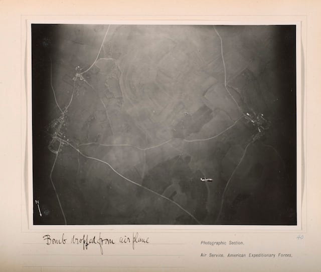 Edward Steichen, "Bomb Dropped From Airplane" (1918), gelatin silver print, from loose-leaf album of aerial photographs from the Photographic Section, Air Service, American Expeditionary Forces, World War I; The Art Institute of Chicago, gift of William Kistler (© 2014 The Estate of Edward Steichen/Artists Rights Society [ARS], New York)
