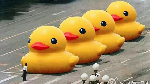 An image of "Tank Man" with the tanks replaced by ducks. 
