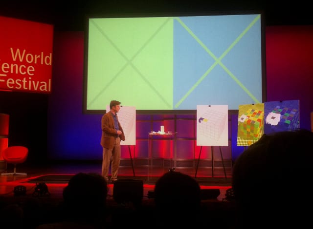 Neuroscientist & artist Bevil Conway using Josef Albers as an example of color impacted by its environment (photograph by the author)