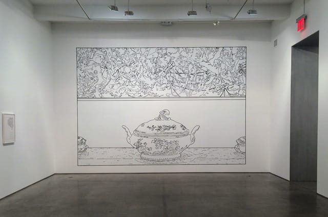 Louise Lawler's "Pollock and Tureen" (1984) has been transformed into a colorless linear drawing on vinyl.