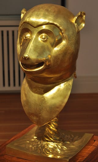 The monkey in Ai Weiwei's "Circle of Animals" (2011), 12 bronze statues with gold plating (click to enlarge)