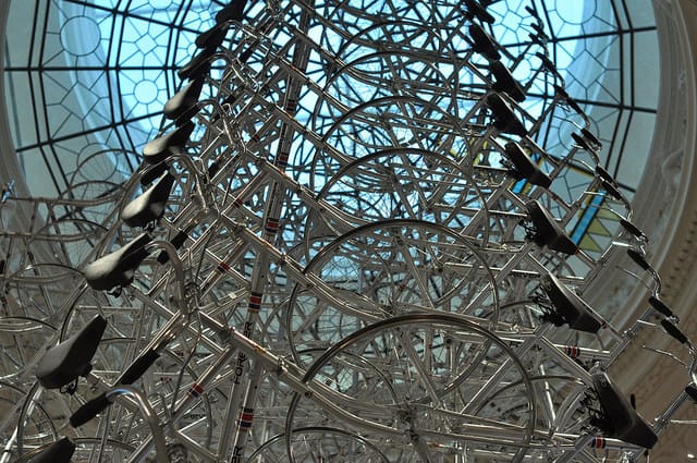 A detail of Ai Weiwei's "Very Yao" (2009–14), 150 bicycles (all photos by the author for Hyperallergic)