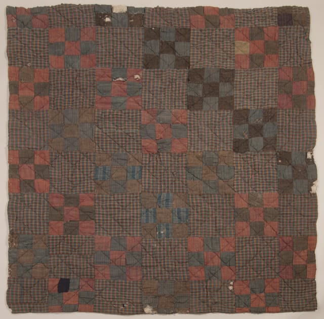 American women Martha and/or Sarah, who were enslaved by the Bushong family of Tennessee, Quilt, 1850s–60s,  Stony Point, Sullivan County, Tennessee Linen and wool, hand spun and woven, twill weaves; pieced and tied (Historic Crab Orchard Museum, Tazewell, VA, Bushong Collection, 93.27.8)