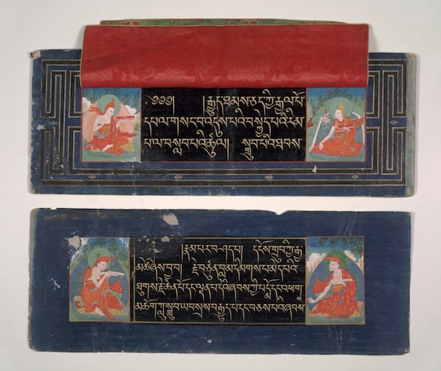 The practice of the Two Stages of the Guhyasamajatantra Illunminated manuscript. Gold and silver on black-indigo paper 362 folios; 58cm x 22cm Tibet. 18th-19th centuries Purchased in Kathmandu by Dr Daniel Wright, 1876 Cambridge University Library MA Add. 1666