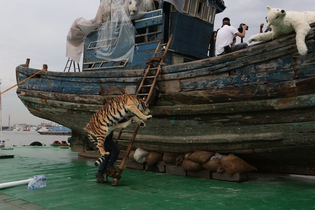 A work installs a tiger on the boat (Photo courtesy of Cai Studio) 