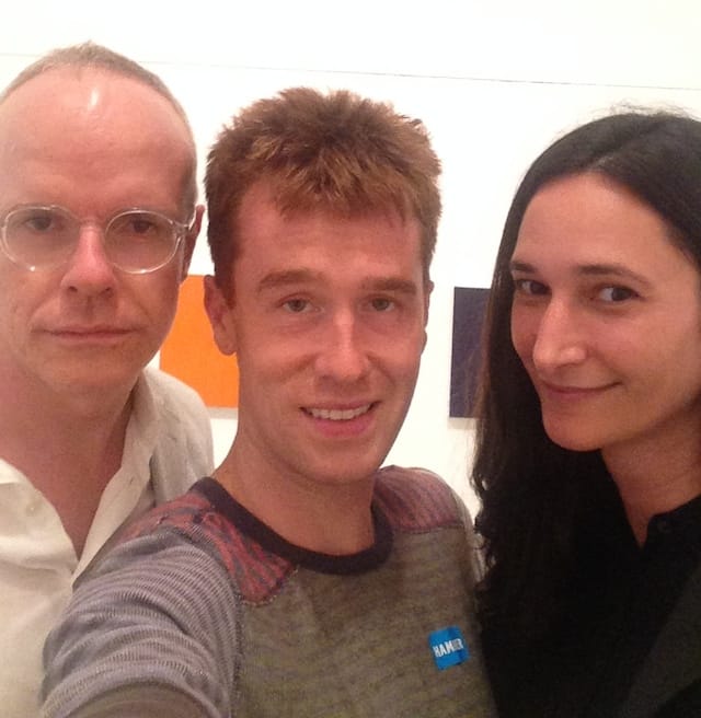 Instagram Mini-Marathon Curator Group Selfie with Hans Ulrich Obrist, Kevin McGarry, and Bettina Korek. Image courtesy of ForYourArt for Hyperallergic.