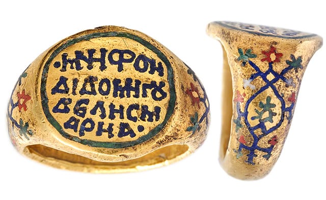 Ever wonder what engagement rings looked like in history? This gold and enamel engagement ring with a Greek Inscription (c. 1175–1300 CE) (image courtesy of the National Archaeological Museum, Athens, via Getty Iris Blog)