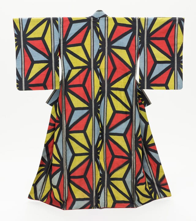 Woman’s Kimono with Abstract Hemp-Leaf Pattern (Japan, early Shōwa period, c. 1935), silk plain weave, stencil-printed warp and weft (heiyō-gasuri meisen), Costume Council Fund (all photos © 2014 Museum Associates/LACMA)