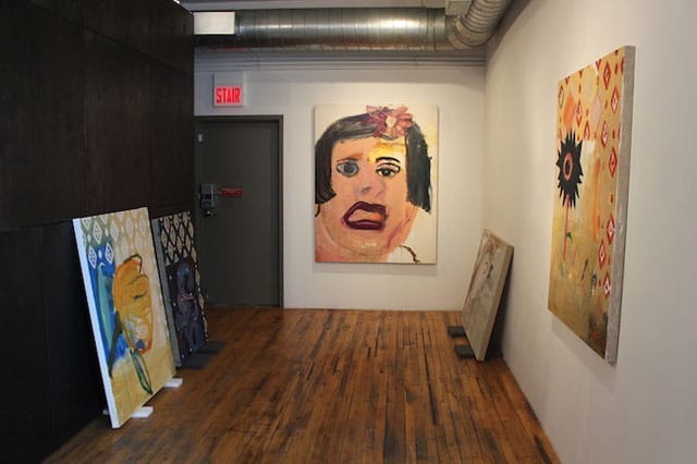 Installation view, 'Margot Bergman: Greetings,' with "Hair Clip" (2014), acrylic on linen, 65 x 50 in, at center