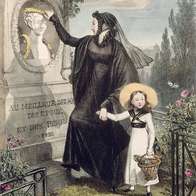 "The Cemetery of Pere Lachaise," after John James Chalon, color engraving (1822) (detail) (via the Bridgeman Art Library)
