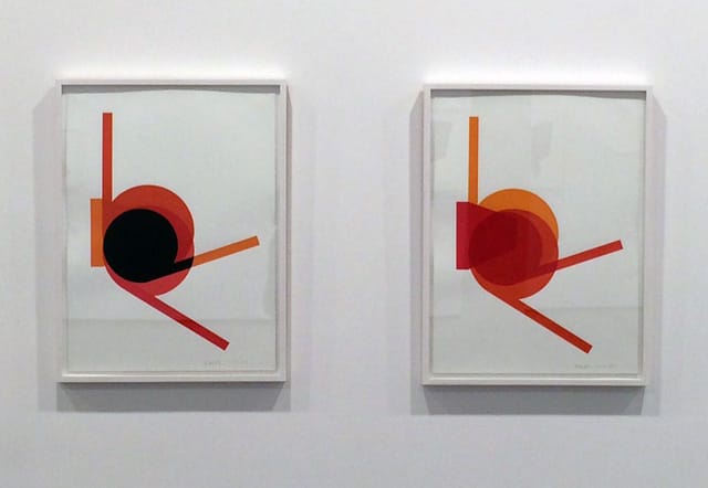 Installation view of "02.01.09 I" (2009) and "02.01.09 B" (2009), forms that bear an uncanny resemblance to those in "Ways and Means" (2002). (image courtesy of the author for Hyperallergic)