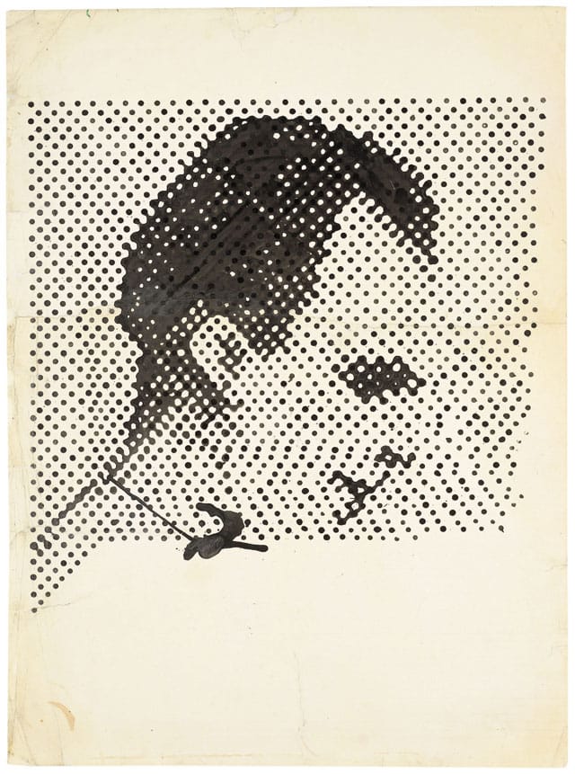 Sigmar Polke, "Raster Drawing (Portrait of Lee Harvey Oswald) (Rasterzeichnung [Porträt Lee Harvey Oswald])" (1963), poster paint and pencil on paper, 37 5/16 × 27 1/2″ (94.8 × 69.8 cm), Private Collection (photo by Wolfgang Morell, Bonn, © 2014 Estate of Sigmar Polke / Artists Rights Society [ARS], New York / VG Bild-Kunst, Bonn) (click to enlarge)