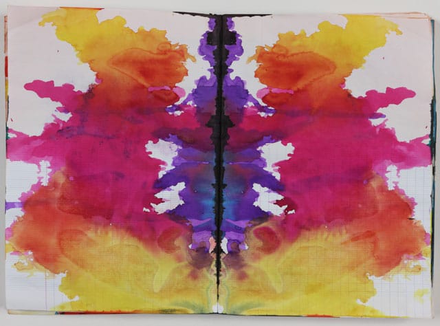 Sigmar Polke, "Untitled (Rorschach) (Ohne Titel [Rorschach[)" (c. 1999),  colored ink in bound notebook, 192 pgs, each: 11 5⁄8 x 8 1⁄16″ (29.5 x 20.5 cm), Private Collection (photo by Alistair Overbruck, © 2014 Estate of Sigmar Polke / Artists Rights Society (ARS), New York / VG Bild-Kunst, Bonn)