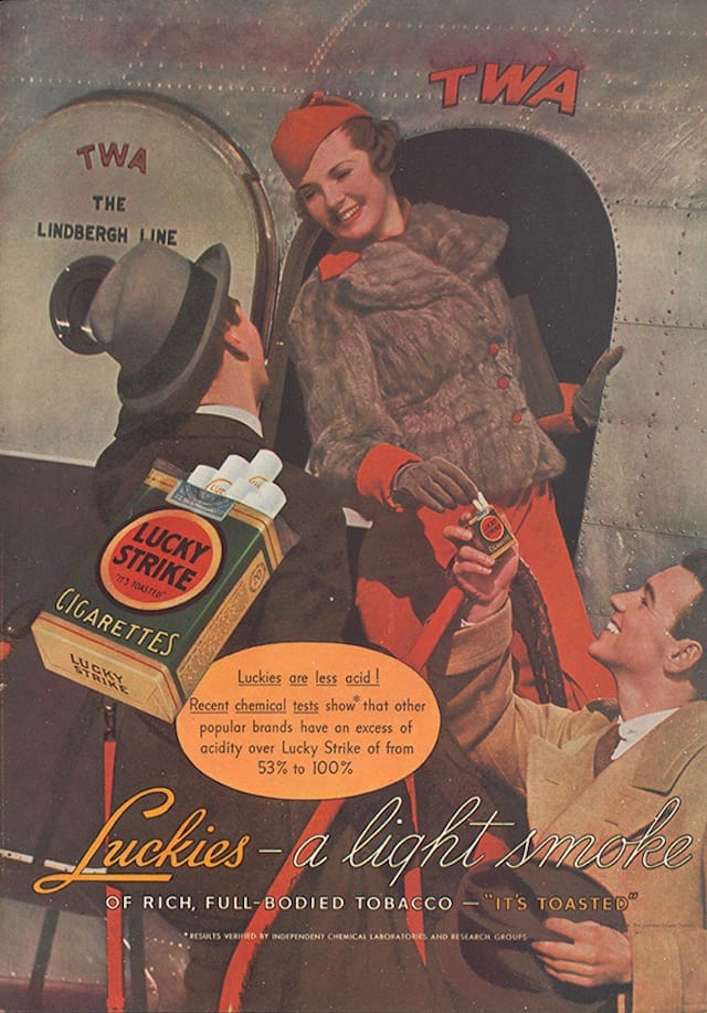 A flight attendant is offered cigarettes as she boards a TWA airliner (1936) (courtesy the William Van Duyn Tobacco Advertisement Collection, Medical Historical Library, Harvey Cushing/John Hay Whitney Medical Library, Yale University)