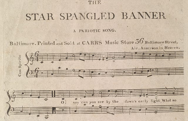 The Star Spangled Banner; a pariotic [sic] song. Air: Anacreon in Heaven. Adapd. & arrd. by T. C., Baltimore, Printed and sold at Carrs Music Store, 36 Baltimore Street [1814], First edition. page 1, (Fuld Collection)