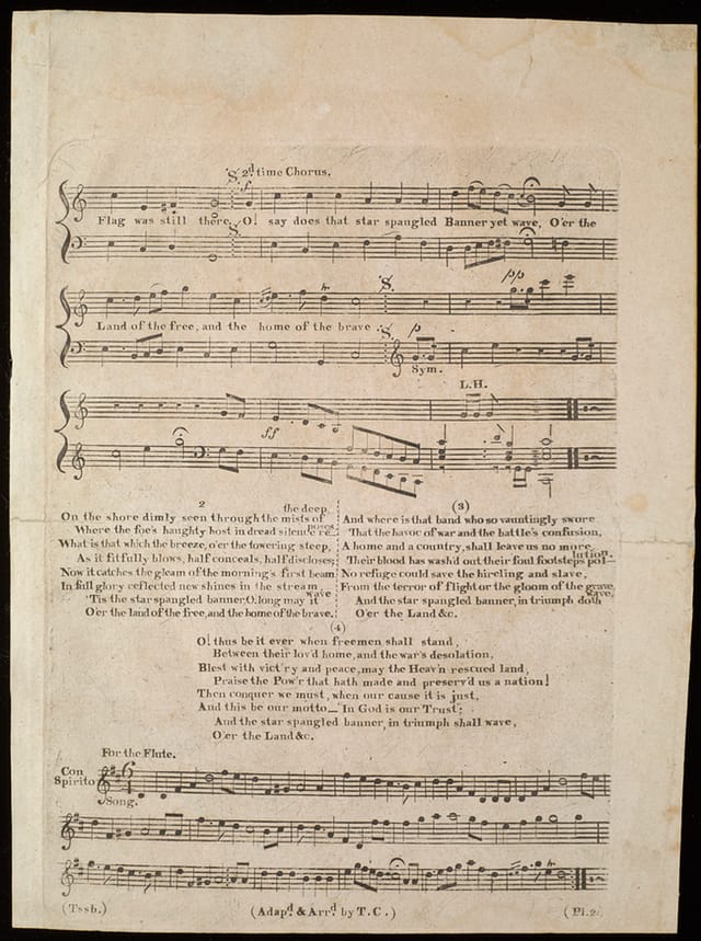 The Star Spangled Banner; a pariotic [sic] song. Air: Anacreon in Heaven. Adapd. & arrd. by T. C., Baltimore, Printed and sold at Carrs Music Store, 36 Baltimore Street [1814], First edition. page 2, (Fuld Collection)