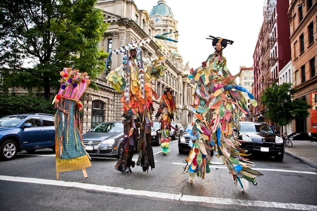 Laura Anderson Barbata, spontaneous intervention, 2008 Collaboration with the Brooklyn Jumbies, Soho/Chinatown, New York Photo: Frank Veronsky, courtesy of the artist and BRIC