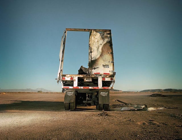 Pamela Littky, "Burned Out Truck, Baker, California," from "Vacancy" (all photographs courtesy the artist and Kehrer)