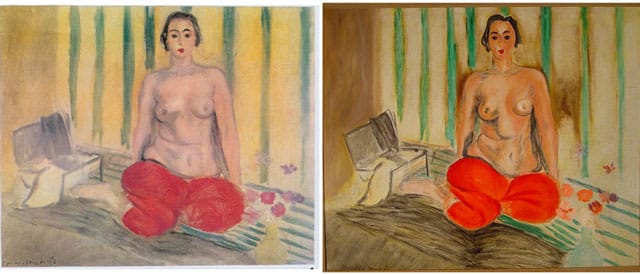 Left: Henri Matisse, "Odalisque in Red Pants"; right: the fake version of the work that thieves hng at Museum of Contemporary Art of Caracas (image via artdaily.com)