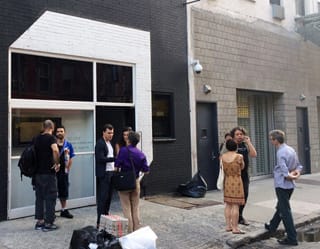 Visitors in front of Whitebox Art Center on Broome Street during the opening of Khaled Jarrar's "No Exit" (click to enlarge)