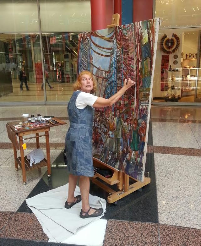 Audrey Ushenko working on her current painting out in public (all images by the author for Hyperallergic)