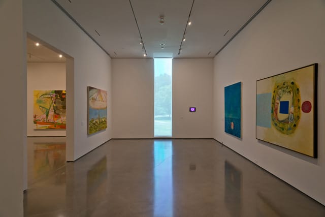 An installation view of the Amy Sillman show at Bard College, including (left to right): "Trawler" (2004),  collection of Arthur Zeckendorf;  "PS" (2013), courtesy of the artist and Sikkema Jenkins & Co.;  "Unearth" (2003), collection of Barbara Lee, Cambridge, Massachusetts; "Ocean 1" (1997), collection McKee Gallery, New York; and "Good Grief" (1998),  collection of Dr. and Mrs. Lawrence Kessler.