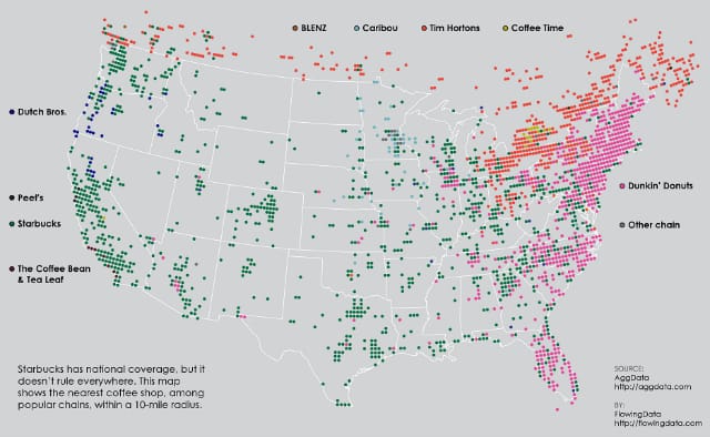 "Which Coffee Chain Dominates Your City," from FlowingData for Fastcodesign.com, with information from AggData