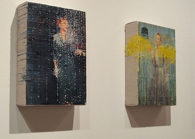 Hinke Schreuders, "Works on Paper #37" (2014), embroidery and ink on paper and linen, 10.25 x 7 x 2.2 in, and "Works on Paper #36" (2014), embroidery and ink on paper and linen 10.25 x 7 x 2.2 in