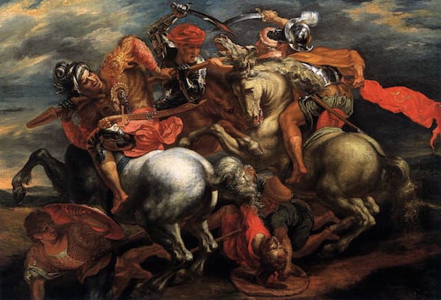 Peter Paul Rubens, "Battle for the Flag" (1602-05), oil on canvas, 83 x 117 cm. Akademie der bildenden Künste, Vienna. (Image via Web Gallery of Art)
