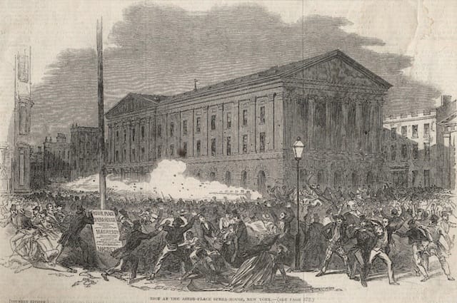 Riot at the Astor Place Opera House, newspaper engraving (1849) (via Folger Shakespeare Library Digital Image Collection)