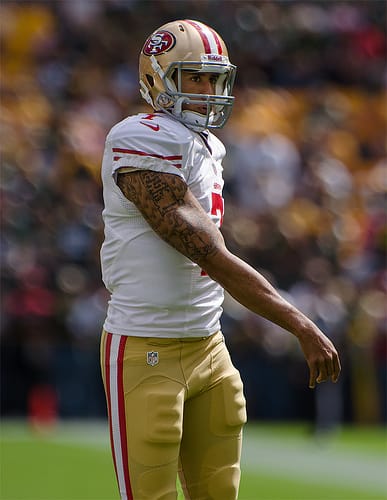 Colin Kaepernick on the field (photograph by Mike Morbeck, via Flickr)