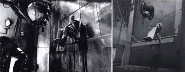 Left: still from '12 Monkeys'; right: Lebbeus Woods's "Neomechanical Tower" (via the complaint)