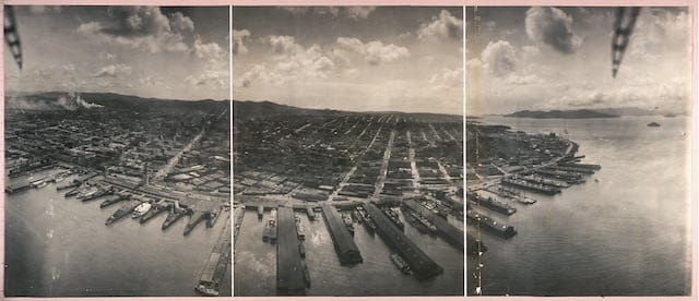George R. Lawrence, San Francisco from Captive Air Ship over San Francisco Bay (with the stabilizers visible) (1908) (via Library of Congress)
