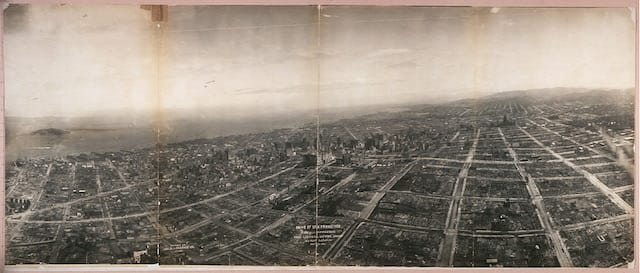 George R. Lawrence, San Francisco in ruins from 1,500 feet, with Nob Hill in the foreground (1906) (via Library of Congress)