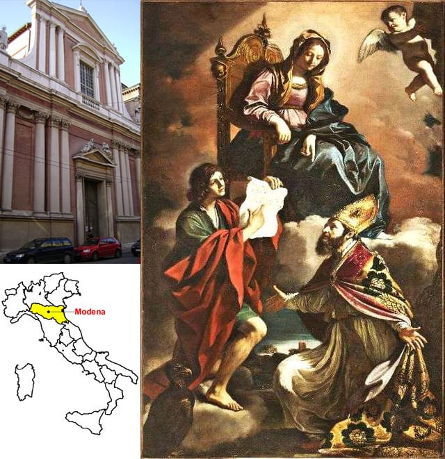 Clockwise from top left, the church of San Vincenzo, the stolen Guercino, ""Madonna with Saint John Evangelist and St. Gregory the Wonderworker" (1639), and a map of Italy highlighting the location of Modena. (images via )