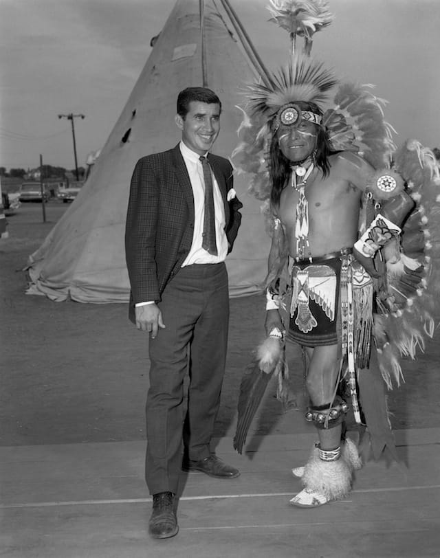 Caption: Danny Williams, left, and George “Woogie” Watchtaker (Comanche) at the Anadarko Indian Exposition. Anadarko, Oklahoma, ca. 1959. 45EXP17