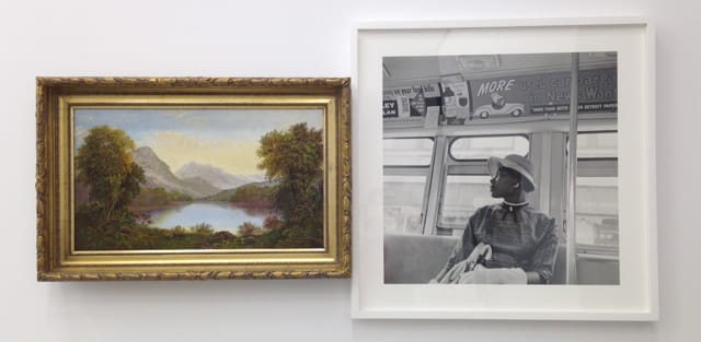 One of the best hangings in the show: Robert Duncanson's "Landscape" (1870) and Bill Rauhauser's "Woman on Bus" (c.1955–60) at Marlborough Chelsea