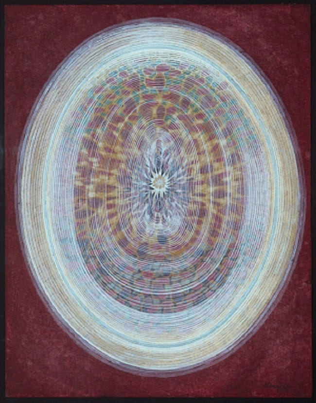 First Seed into Last Harvest  1943, Kenneth Callahan, American, born  1905, Spokane, Washington; died 1986,  Seattle, Washington. Tempera on canvas.  14 1/2 x 18 1/4 in. Seattle Art Museum,  Eugene Fuller Memorial Collection, 46.65 