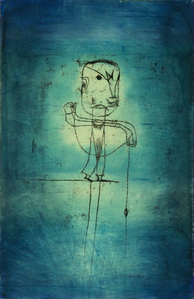 Paul Klee, "The Angler" (1921), watercolor, transfer drawing and ink on paper, 18 7/8 x 12 3/8 in (50.5 x 31.8 cm) (The Museum of Modern Art, New York, John S. Newberry Collection, digital image © 2014 The Museum of Modern Art/Licensed by SCALA/ Art Resource, NY © 2014 Artists Rights Society [ARS], New York) (click to enlarge)