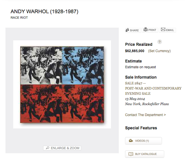 Andy Warhol, "Race Riot" (1964), acrylic and silkscreen on linen (screenshot from Christie's.com)