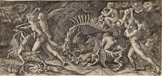 Agostino Musi (Italy, c. 1490–after 1536), The Carcass (The Witches Procession), 1520–1527. Engraving. Lent by Kirk Edward Long.
