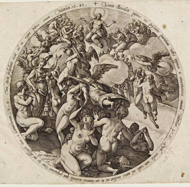 Hendrick Goltzius (The Netherlands, 1558–1617), The Descent to Hell of the Damned, c. 1577. Engraving. Lent by Kirk Edward Long.