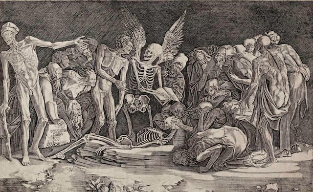 Agostino Musi, called Agostino Veneziano (Italy, c. 1490–after 1536), The Skeletons, 1518. Engraving. Lent by Kirk Edward Long.
